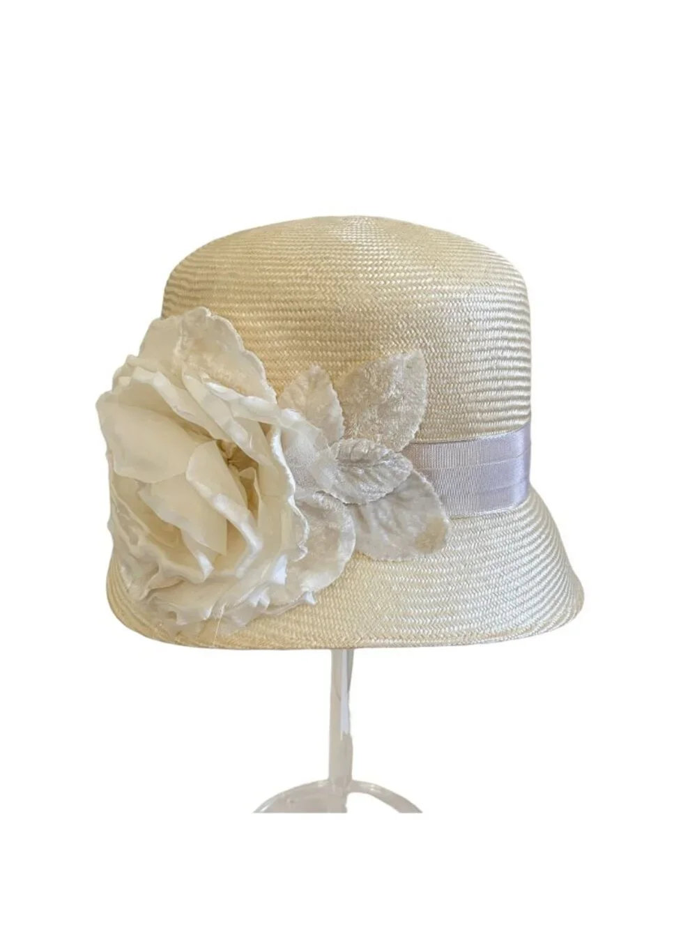 Louise Green Ivory Straw Hat With Satin Ribbon & Floral Accent